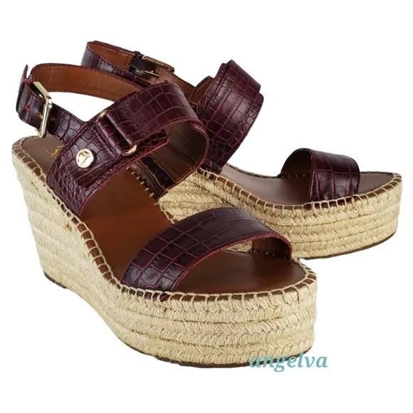 New Franco sarto tema leather croc embossed espadrille wedge sandals burgundy