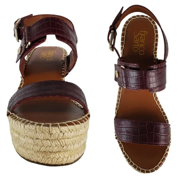 New Franco sarto tema leather croc embossed espadrille wedge sandals burgundy