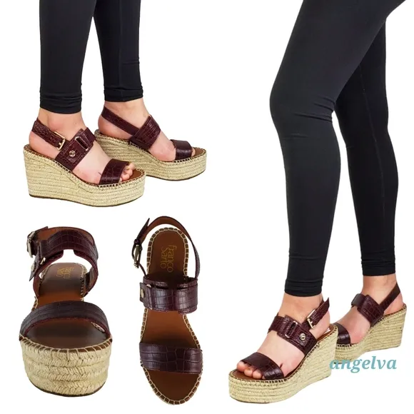New Franco sarto tema leather croc embossed espadrille wedge sandals burgundy