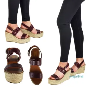 New Franco sarto tema leather croc embossed espadrille wedge sandals burgundy