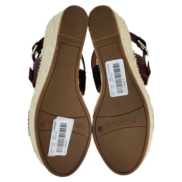New Franco sarto tema leather croc embossed espadrille wedge sandals burgundy