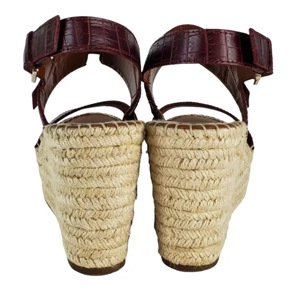 New Franco sarto tema leather croc embossed espadrille wedge sandals burgundy