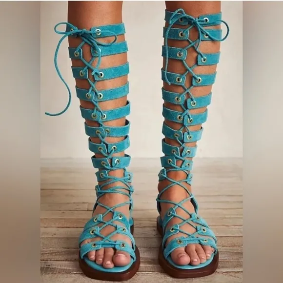 NEW Free People Sun Chaser Tall Gladiator Sandals 39 Turquoise $178