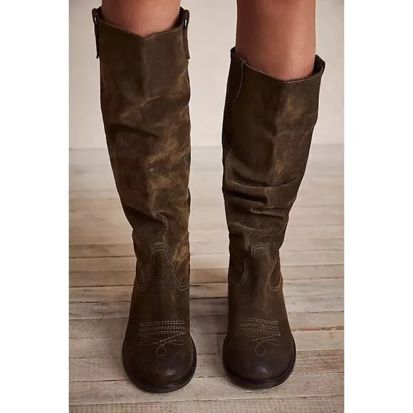 NEW FREE PEOPLE ARYA RIDING BOOT In OLIVE GREEN LEATHER