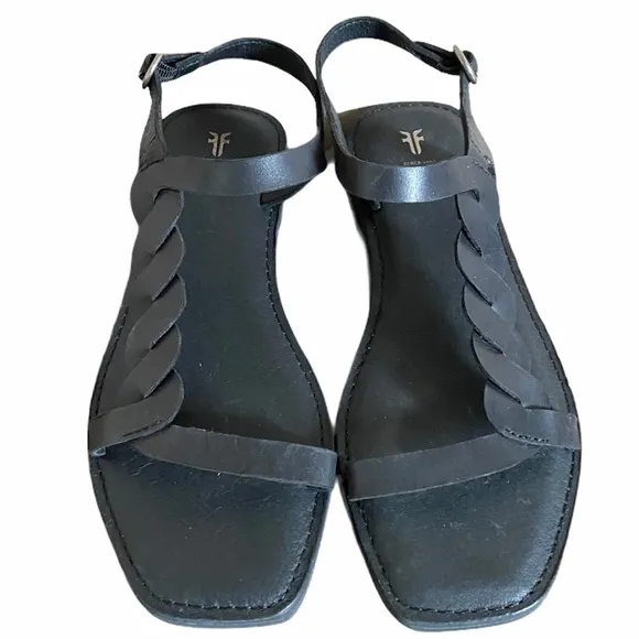 New Frye Sydney Leather Braided Black Sandals sz 7