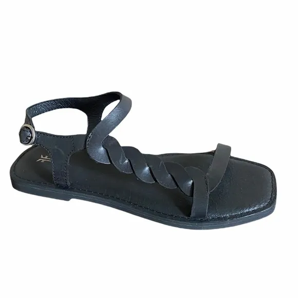 New Frye Sydney Leather Braided Black Sandals sz 7