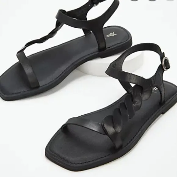 New Frye Sydney Leather Braided Black Sandals sz 7