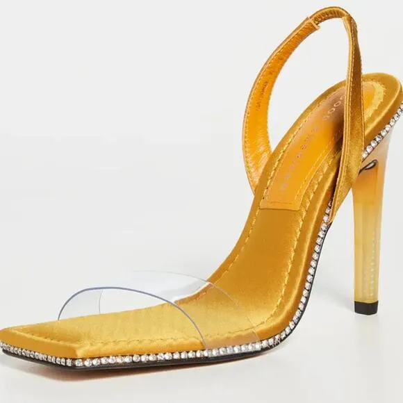 NEW Good American Lucite Sandals Women's Size 10 Yellow Square Toe Drag 5&quot; Heel