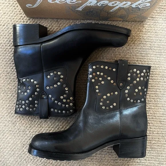 NEW in Box Free People Leather Harmony Studded Boots Black Size 9