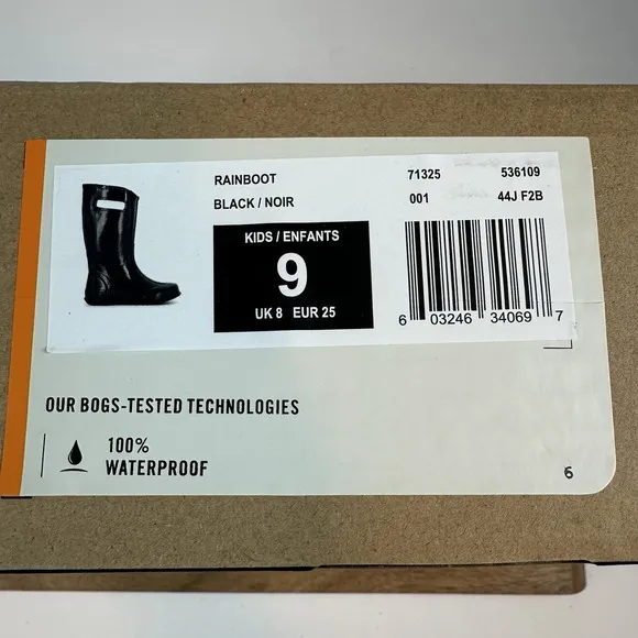 New Little Kids Childrens Bogs Solid Black Waterproof Rubber Rain Boots Size 9 C