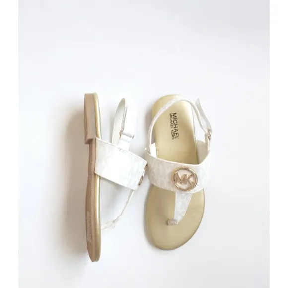 New! MICHAEL KORS Girls Marlie MK Logo T-Strap Sandals Shoe NWOB White Soft Gold