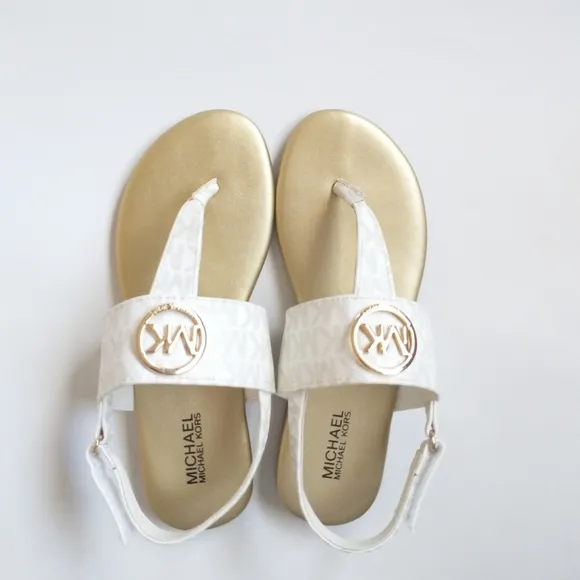 New! MICHAEL KORS Girls Marlie MK Logo T-Strap Sandals Shoe NWOB White Soft Gold