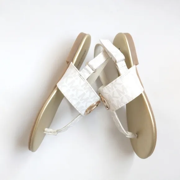 New! MICHAEL KORS Girls Marlie MK Logo T-Strap Sandals Shoe NWOB White Soft Gold