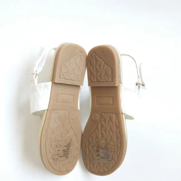 New! MICHAEL KORS Girls Marlie MK Logo T-Strap Sandals Shoe NWOB White Soft Gold