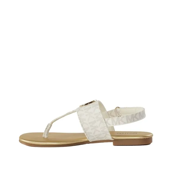 New! MICHAEL KORS Girls Marlie MK Logo T-Strap Sandals Shoe NWOB White Soft Gold