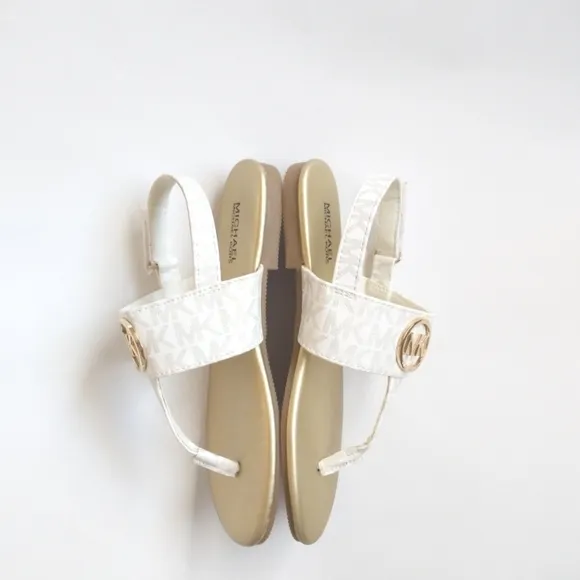 New! MICHAEL KORS Girls Marlie MK Logo T-Strap Sandals Shoe NWOB White Soft Gold