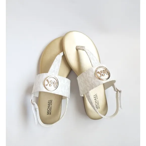 New! MICHAEL KORS Girls Marlie MK Logo T-Strap Sandals Shoe NWOB White Soft Gold