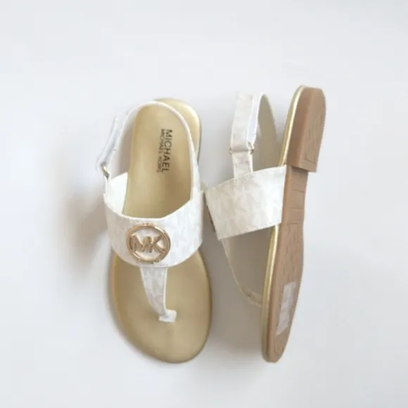 New! MICHAEL KORS Girls Marlie MK Logo T-Strap Sandals Shoe NWOB White Soft Gold