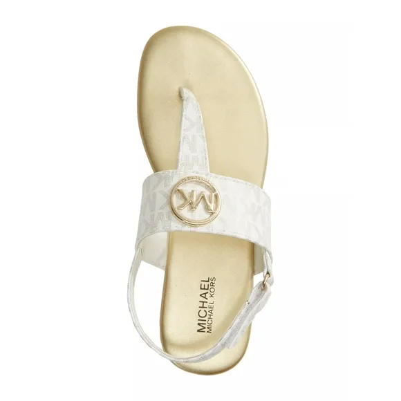 New! MICHAEL KORS Girls Marlie MK Logo T-Strap Sandals Shoe NWOB White Soft Gold