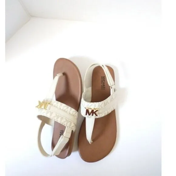 New! MICHAEL KORS Little Girls Jaliyah MK Logo T-Strap Sandals Shoe Vanilla NWOB