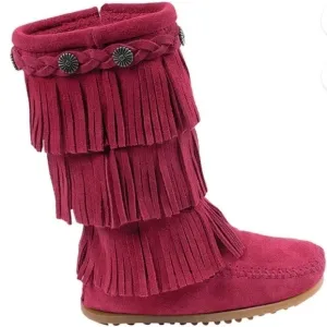 NEW! MINNETONKA Kids Big Girls Pink Tiered Fringe Leather Suede Boots 7.