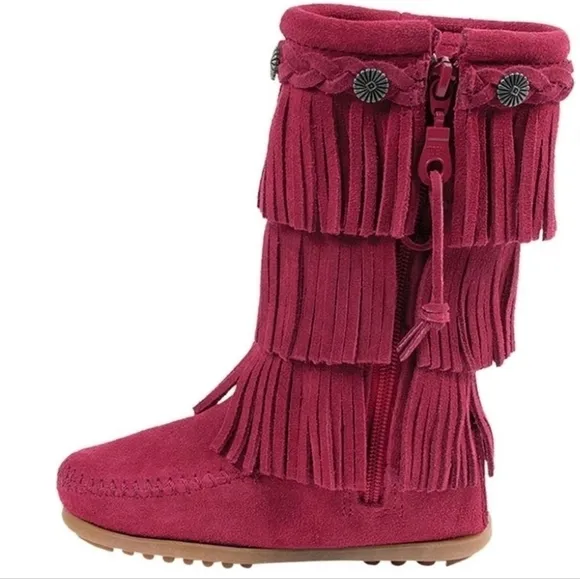 NEW! MINNETONKA Kids Big Girls Pink Tiered Fringe Leather Suede Boots 7.