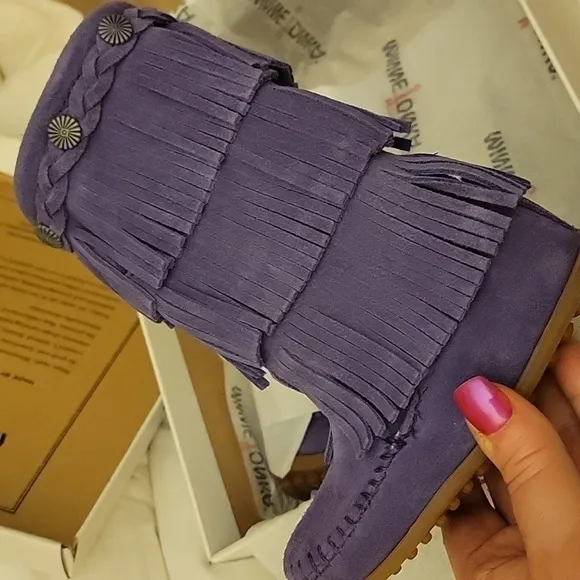 NEW! MINNETONKA Kids Little Girls Purple Leather Suede Tiered Fringe Boots 7.