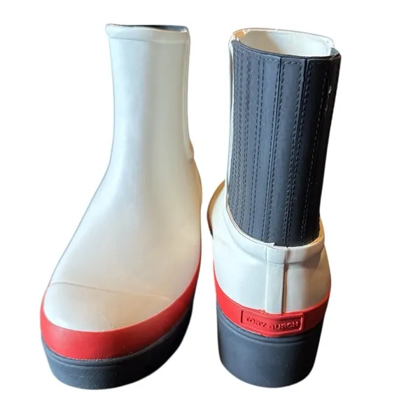 New-Never Worn Tory Burch Stylish Women's Rubber Rain Boots - White,Red &amp; Black
