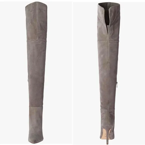 NEW SAM EDELMAN BERNADETTE OVER THE KNEE OTK SUEDE HEELS BOOTS GRAY GREY FROST 9
