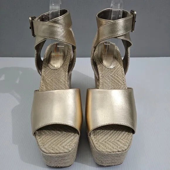NEW Sam Edelman Vada Sandal Espadrille Platform Wedge Gold Leaf Leather 10.5