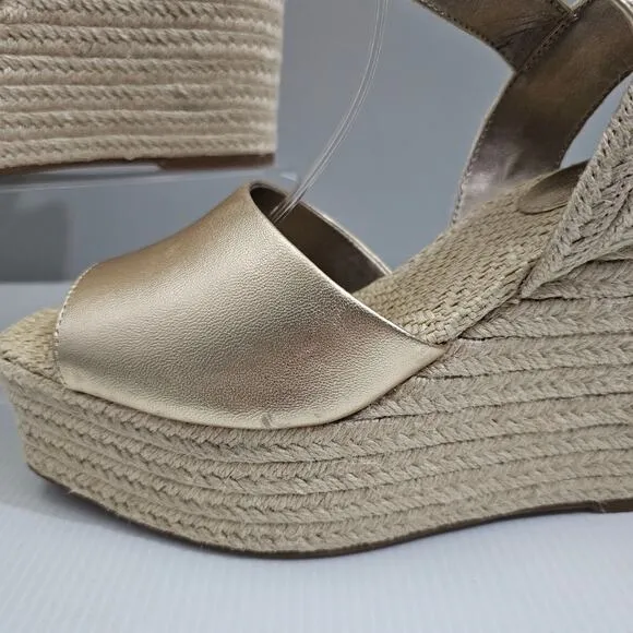 NEW Sam Edelman Vada Sandal Espadrille Platform Wedge Gold Leaf Leather 10.5