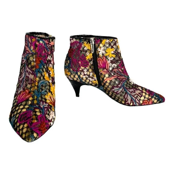 New SAM EDELMAN Women's 8.5 Kinzey Floral Pointed Bootie Kitten Boots Shoes Boho