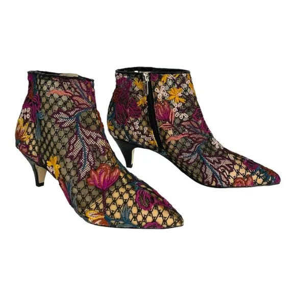 New SAM EDELMAN Women's 8.5 Kinzey Floral Pointed Bootie Kitten Boots Shoes Boho