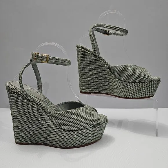 NEW Schutz Neith Straw Wedge Sandal Platform Green Raffia Size 9.5