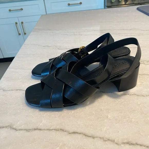 New Tory Burch City Heel Sandals in Black Leather Size 6