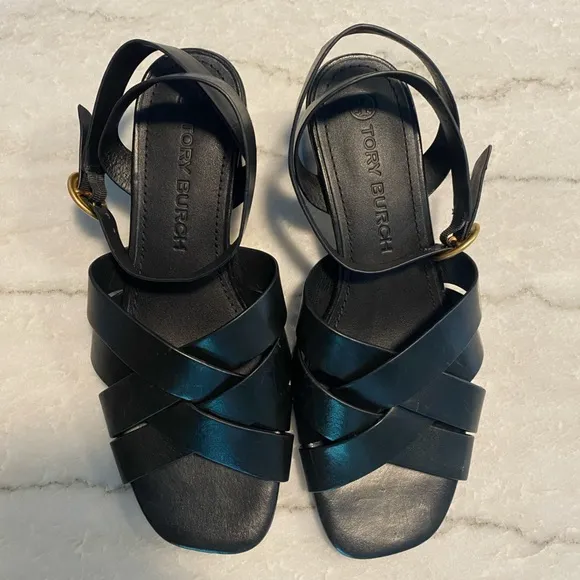 New Tory Burch City Heel Sandals in Black Leather Size 6