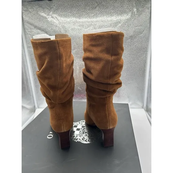New Vince Camuto Skylar Suede Leather Ruched Mid Shaft Block Heel Boots Brown 6M