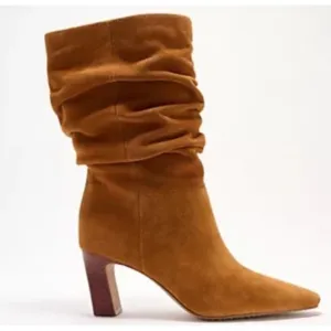 New Vince Camuto Skylar Suede Leather Ruched Mid Shaft Block Heel Boots Brown 6M