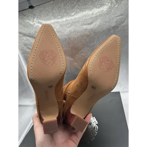New Vince Camuto Skylar Suede Leather Ruched Mid Shaft Block Heel Boots Brown 6M