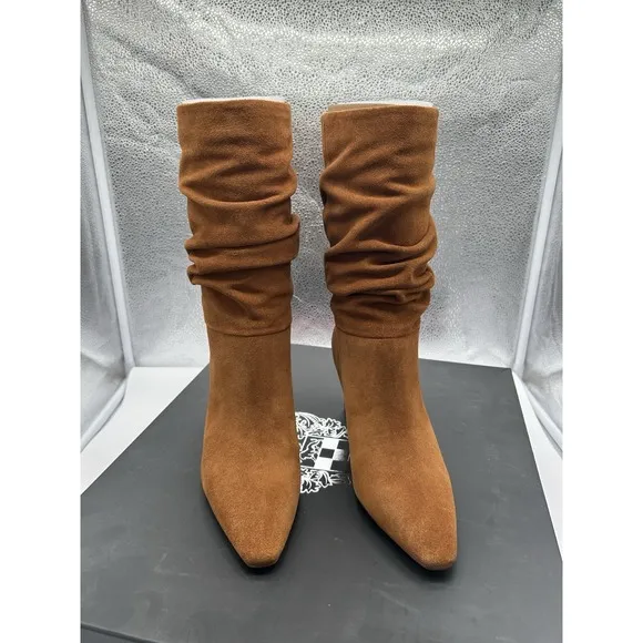 New Vince Camuto Skylar Suede Leather Ruched Mid Shaft Block Heel Boots Brown 6M