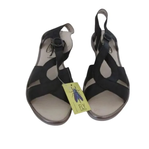 New w Box, Fly London Black Leather Cula Sandals Size 41 EU / 8 US