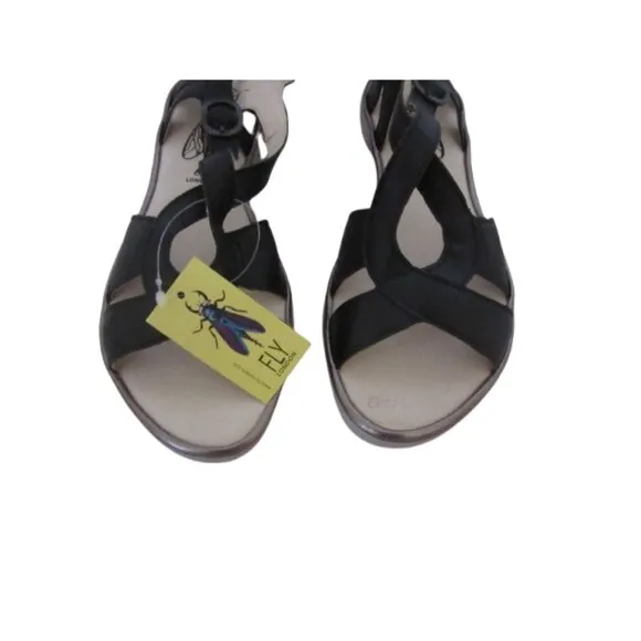 New w Box, Fly London Black Leather Cula Sandals Size 41 EU / 8 US