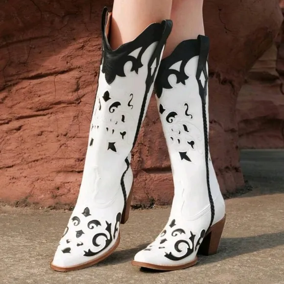 NEW WOMENS TWO-TONE DETAIL BLOCK HEEL COWBOY BOOTS 👢