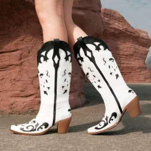 NEW WOMENS TWO-TONE DETAIL BLOCK HEEL COWBOY BOOTS 👢