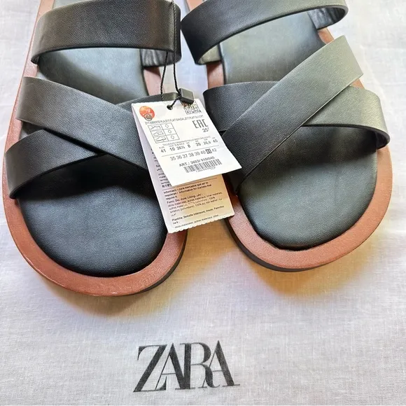 New Zara Minimal Flat Black Criss Cross Straps Sandals 3603/910 Size 10