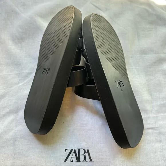 New Zara Minimal Flat Black Criss Cross Straps Sandals 3603/910 Size 10