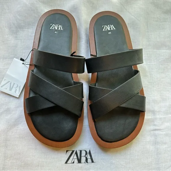 New Zara Minimal Flat Black Criss Cross Straps Sandals 3603/910 Size 10