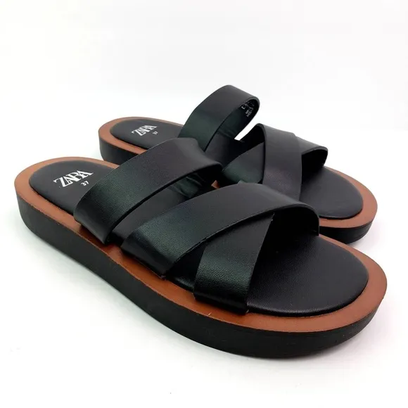New Zara Minimal Flat Black Criss Cross Straps Sandals 3603/910 Size 10