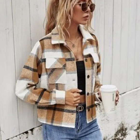 New Plaid Khaki Tan pocket button up jacket shacket