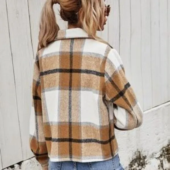 New Plaid Khaki Tan pocket button up jacket shacket